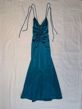 Jason Wu Teal Satin Ruched Midi Dress | Open Back | NWT